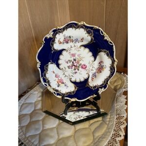 Coalport England porcelain cabinet plate Blue With Gold And Flowers, Batwing